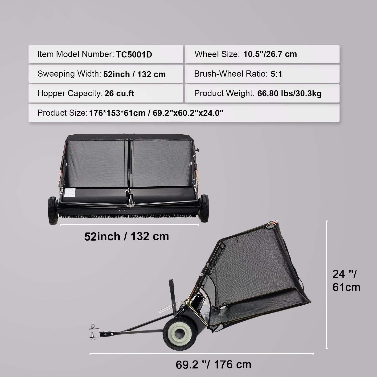 Lawn Sweeper Tow Behind 52 Inch Large Grass Collector For Garden_voghion.com